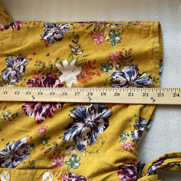 RD Koko Linen Shirt Women 2X Yellow Floral Button Up Top Front Tie V Neck Blouse - Picture 8 of 10